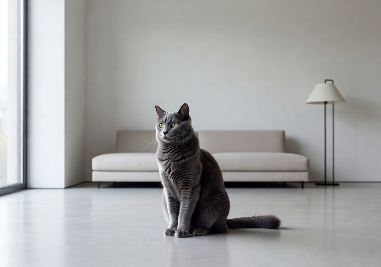 Elegant cat sitting in a modern minimalist home setting, representing the Monopulsefild brand aesthetic