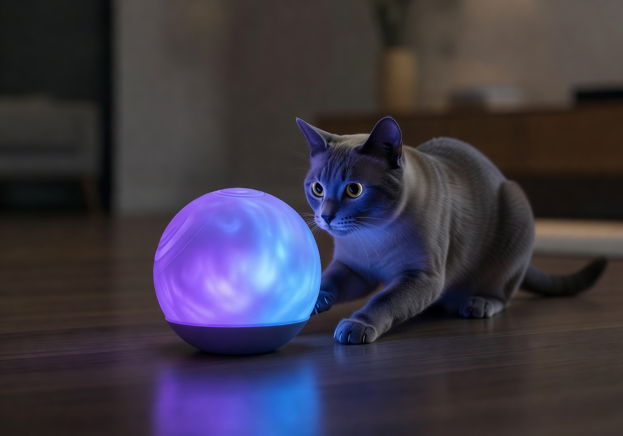 Monopulsefild Smart Glow Ball - interactive glowing cat ball toy with soft neon purple and blue light
